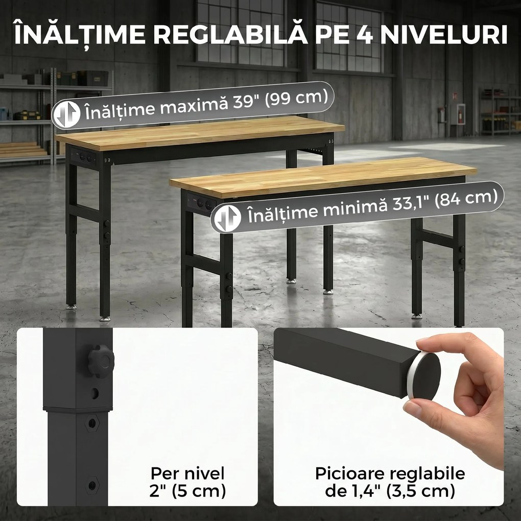 HOMCOM Masă de Lucru Reglabilă 122 cm, Blat Robust din Lemn de Cauciuc, 2 Prize AC și 2 Porturi USB, Panou Perforat, Capacitate 900 kg, pentru Garaj, Atelier și Casă | Aosom Romania
