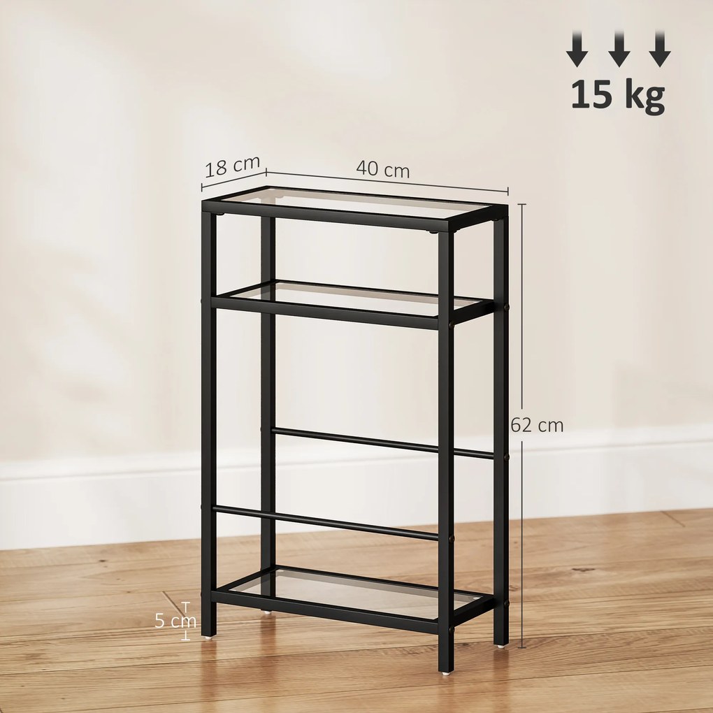 HOMCOM Măsuță de Cafea cu 3 Rafturi din Sticlă și Oțel 40x18x62 cm Negru | Aosom Romania