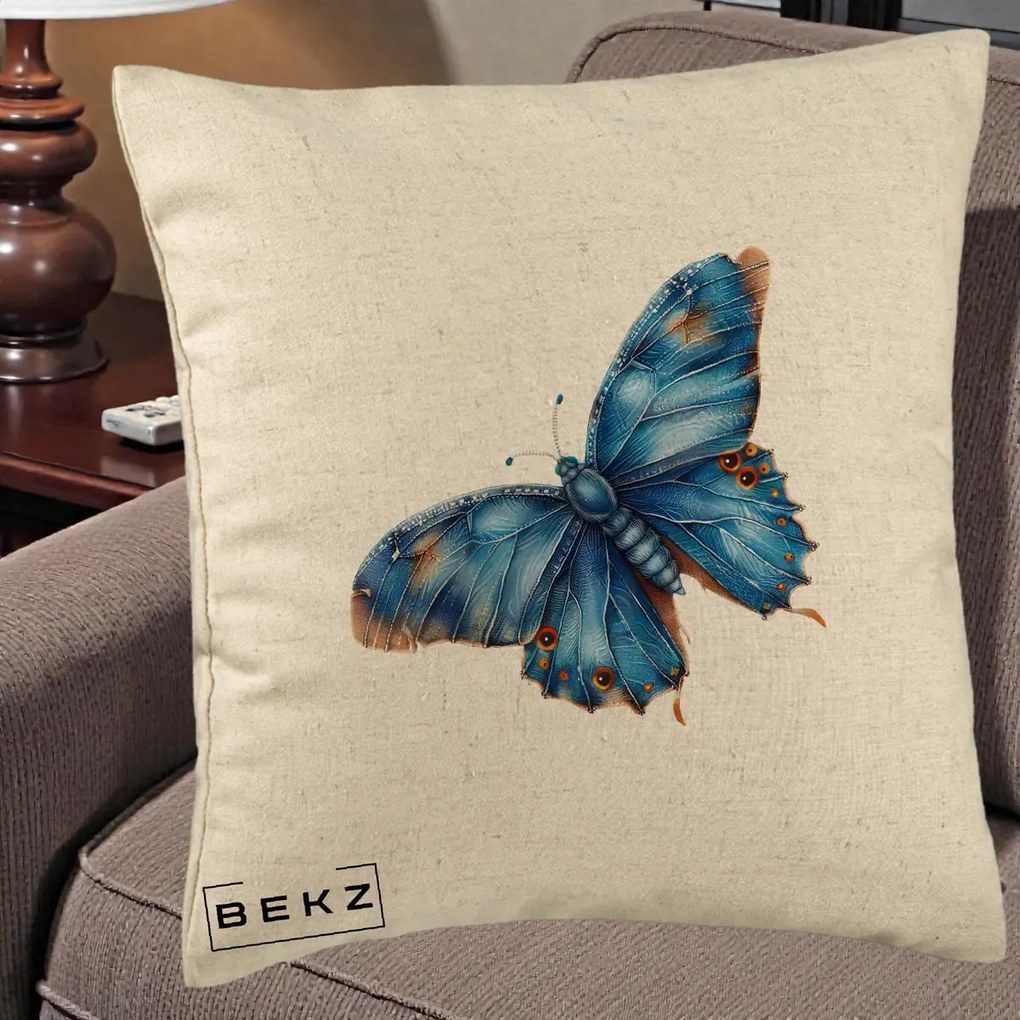 Perna Decorativa Fluture Albastru Satin cu Pete Aurii, 40x40 cm, Bej, Husa Detasabila, Perna Inclusa, BEKZ®