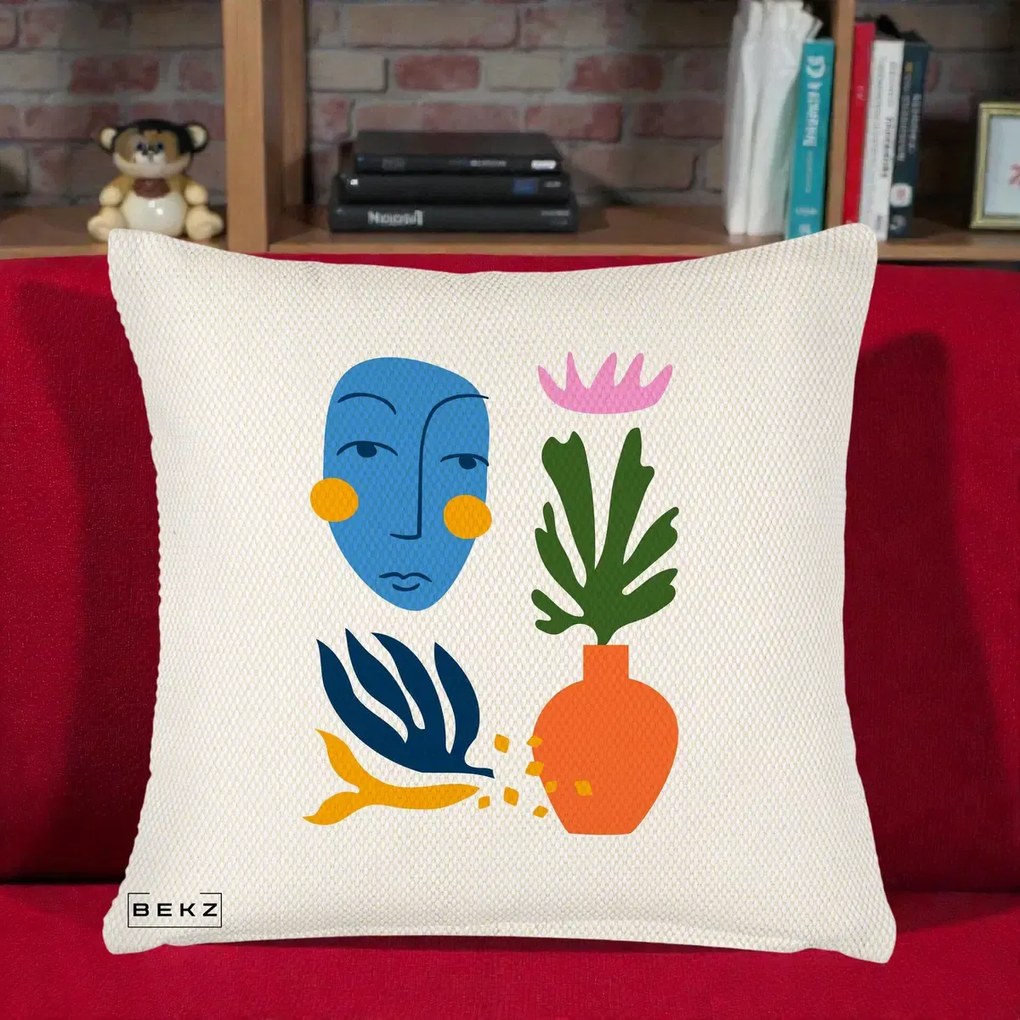 Perna Decorativa Masca Botanica Abstracta, 40x40 cm, Crem Reliefat, Husa Detasabila, Perna Inclusa, BEKZ®