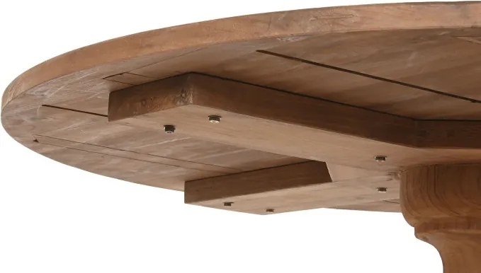 Masă dining rotundă din lemn de tec reciclat, natur, blat din scânduri îmbinate și picior central sculptat, finisaj natural, 75 x 140 cm, „Mireille”
