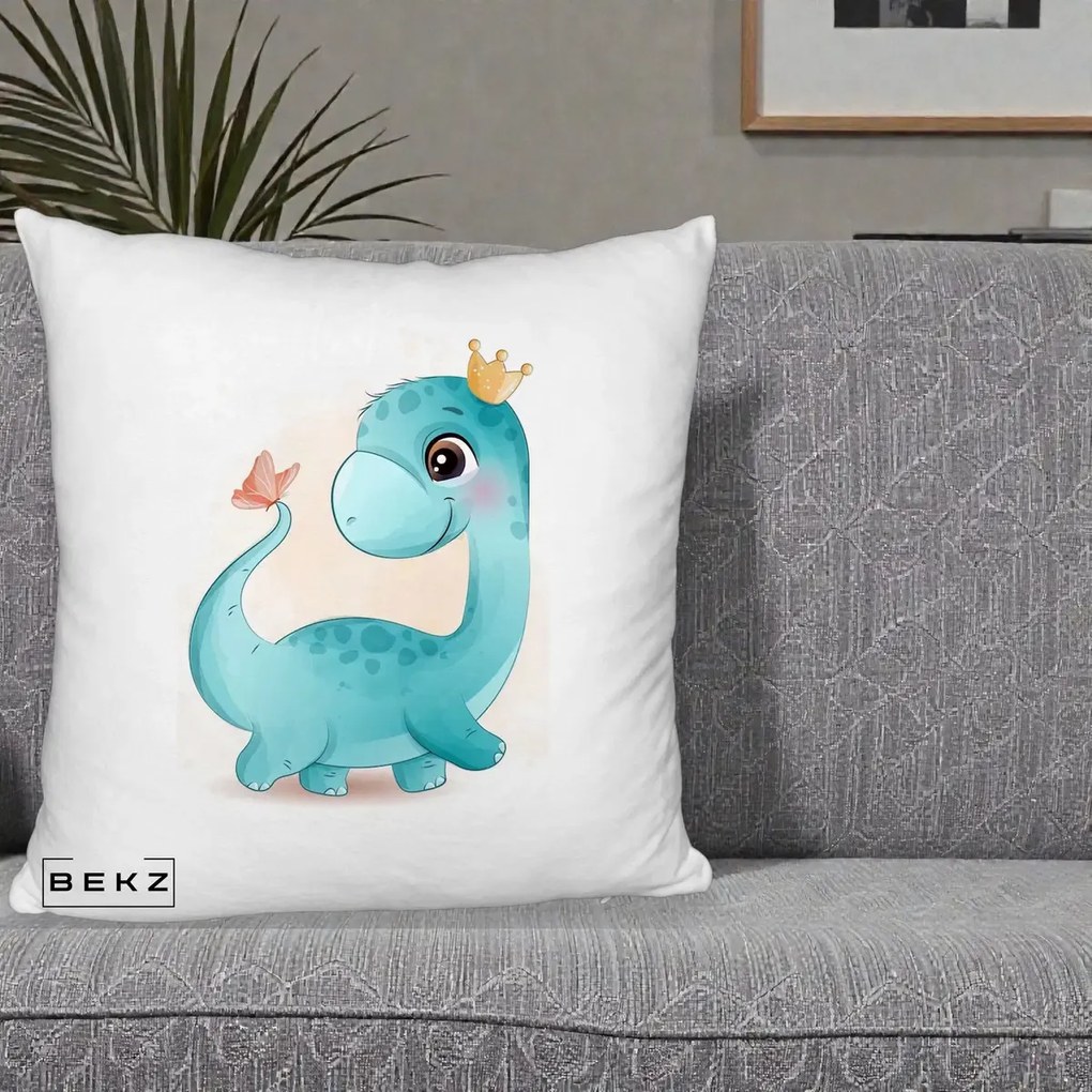Perna Personalizata Dinozaur Bland Coroana Kawaii, 40x40 cm, Alb Pufos, Husa Detasabila, Perna Inclusa, BEKZ®