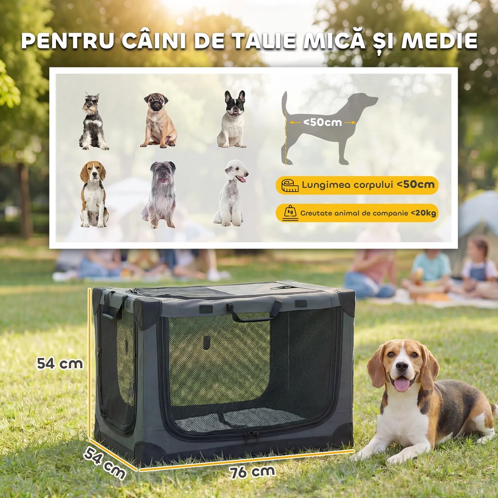 PawHut Cușcă de Transport Pliabilă pentru Câini și Pisici cu Pernă, Husă Lavabilă, Uși, din Oxford Respirabil 600D, 76x54x54 cm, Verde | Aosom Romania