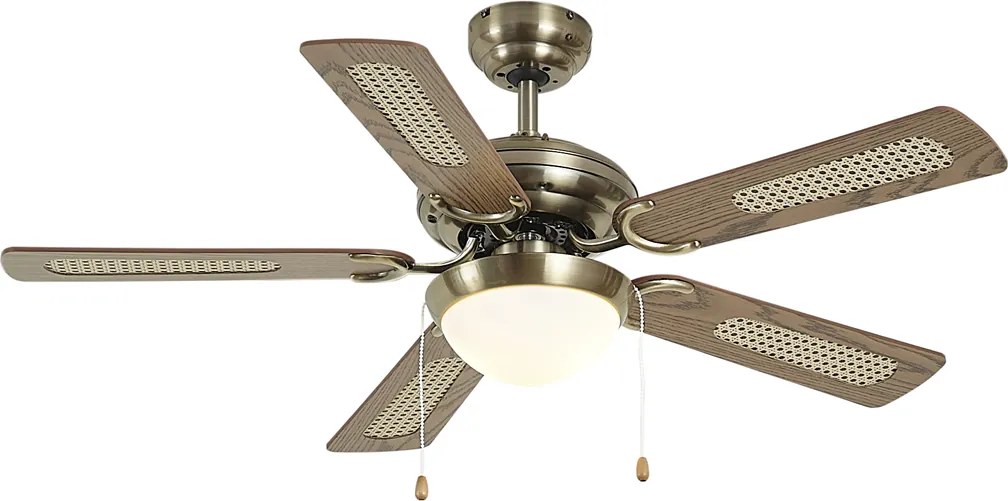Ventilator de tavan din alamă cu imprimeu de lemn și ratan 105cm cu comutator cu lanț - Mistral Majas