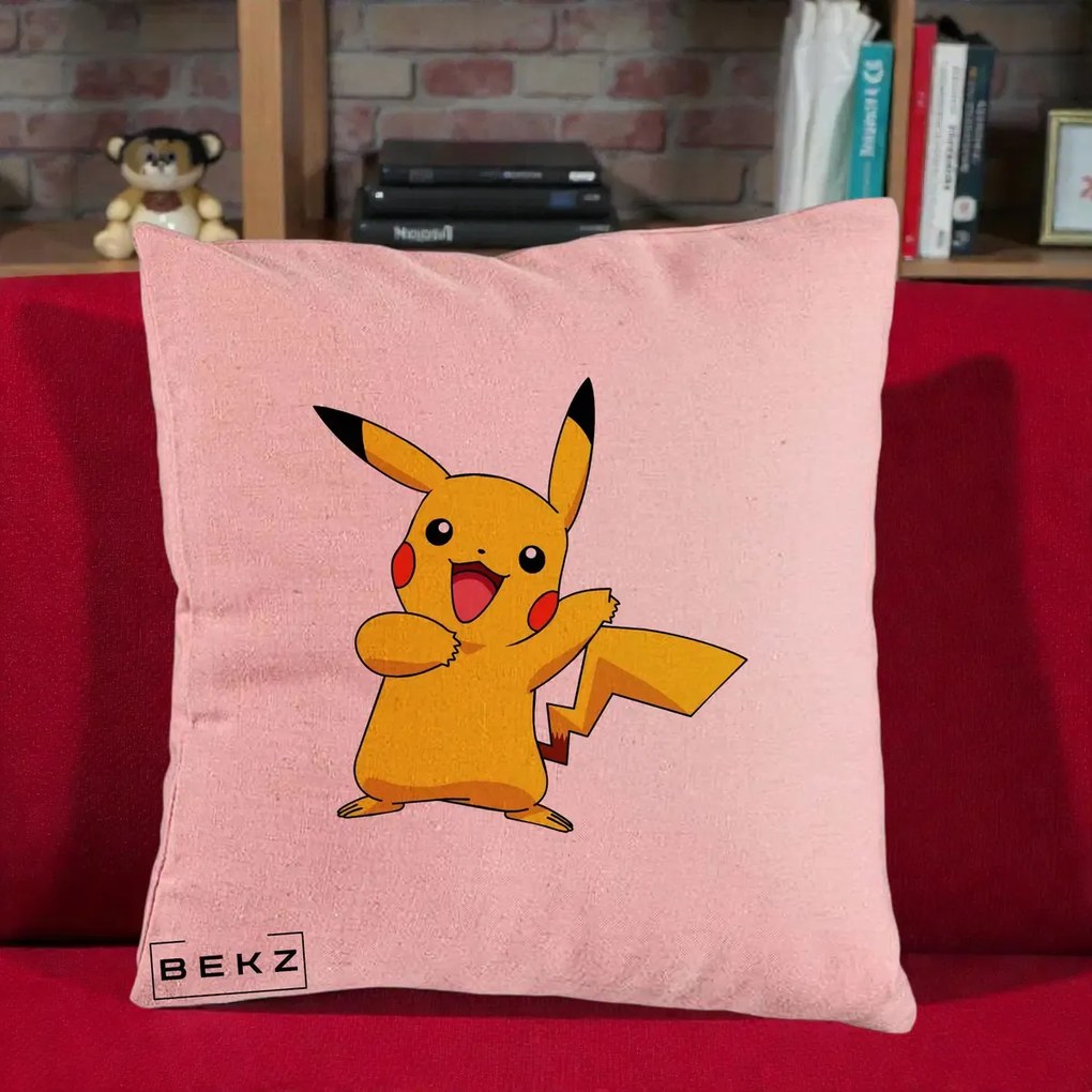 Perna Personalizata Pikachu Fericit, 40x40 cm, Roz, Husa Detasabila, Perna Inclusa, BEKZ®
