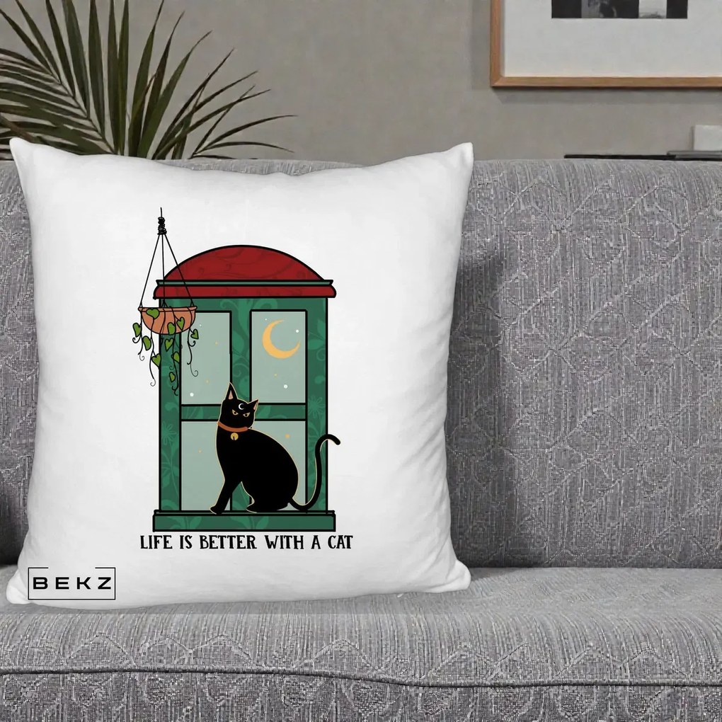 Perna Personalizata Life is Better with a Cat Geam, 40x40 cm, Alb Pufos, Husa Detasabila, Perna Inclusa, BEKZ®