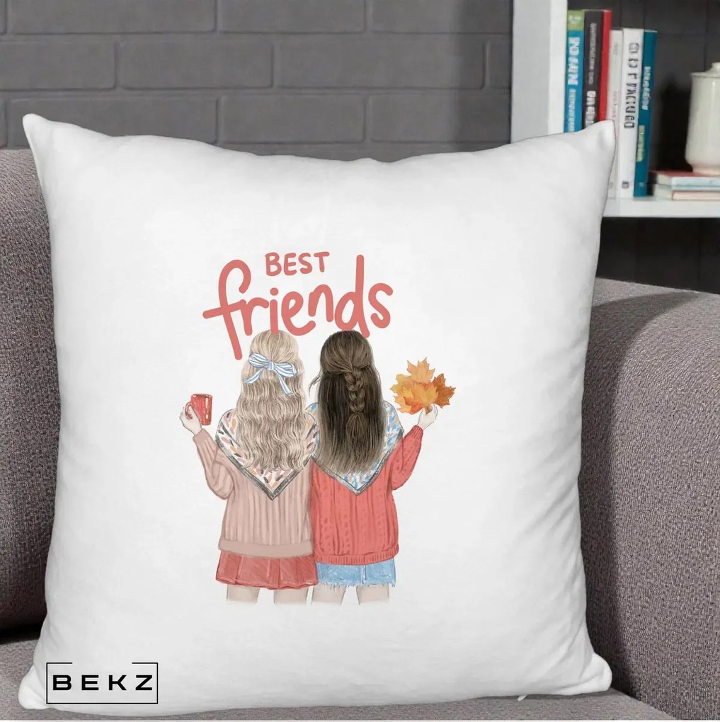 Cadou pentru Prieteni - Perna Personalizata Best Friends Toamna, 40x40 cm, Alb Pufos, Husa Detasabila, Perna Inclusa, BEKZ®