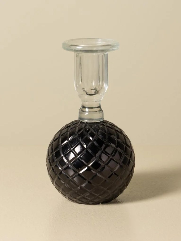 Sfeșnic din sticlă neagră cu bază sferică cu reliefuri romboidale și suport cilindric transparent, finisaj lucios, 16×9 cm, „Verelune"
