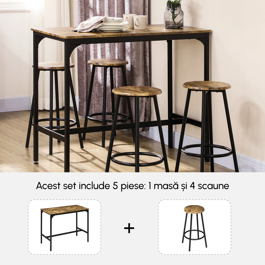 Set Masa Bar Industrială HOMCOM cu 4 Scaune Rotunde, Economie de Spațiu, Design Rustic Maro, pentru Bucătărie | Aosom Romania