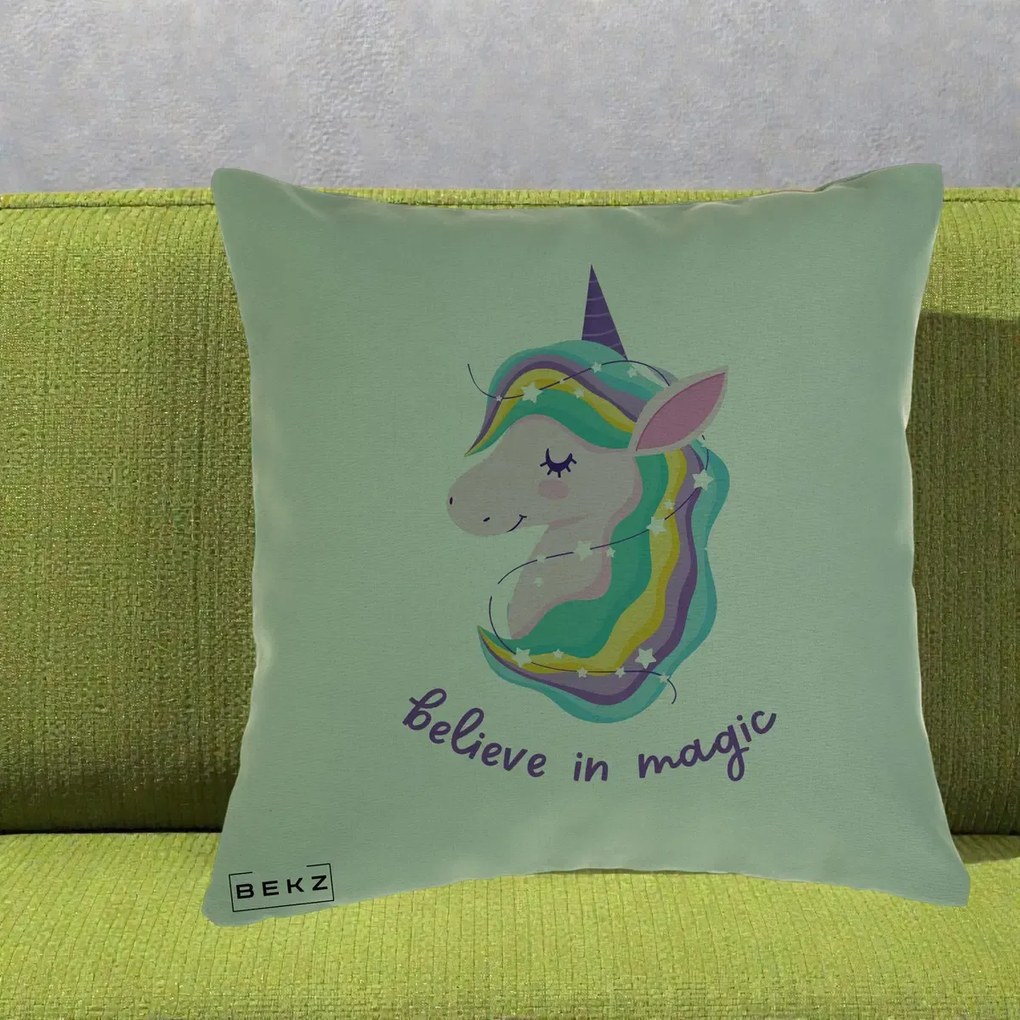 Perna Decorativa Unicorn Believe in Magic, 40x40 cm, Verde, Husa Detasabila, Perna Inclusa, BEKZ®
