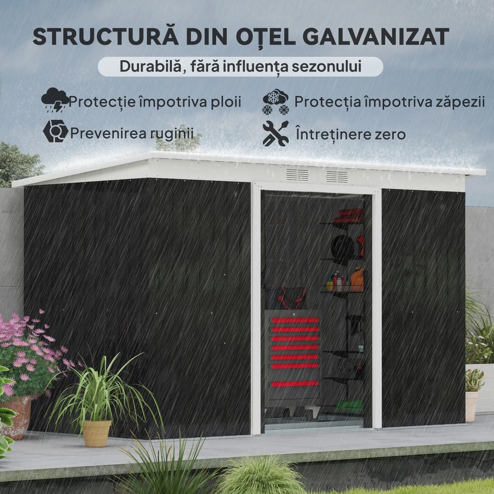 Outsunny, magazie pentru scule de gradina, casuta de gradina, sopron, 280x130x172cm, gri inchis | AOSOM RO