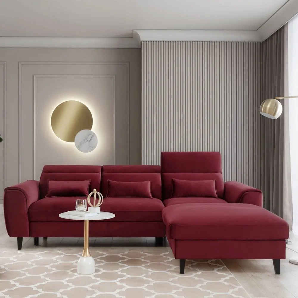 Colțar roșu extensibil/cu spațiu de depozitare cu tapițerie din catifea (cu colț pe partea dreaptă/cu șezlong) Foble – ELTAP
