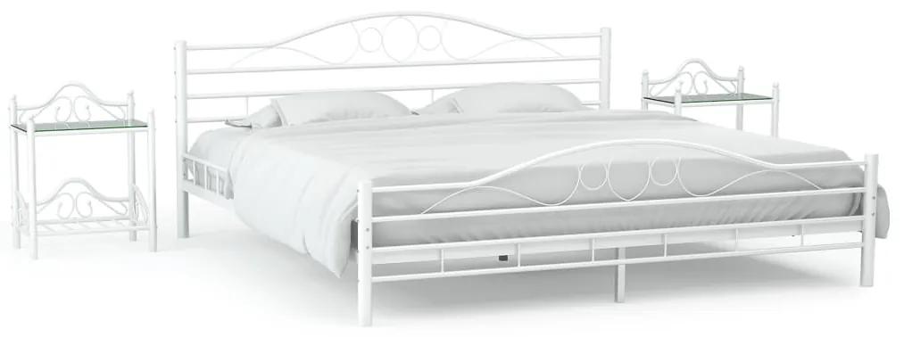 276036 vidaXL Cadru de pat cu 2 noptiere, alb, 140 x 200 cm, metal