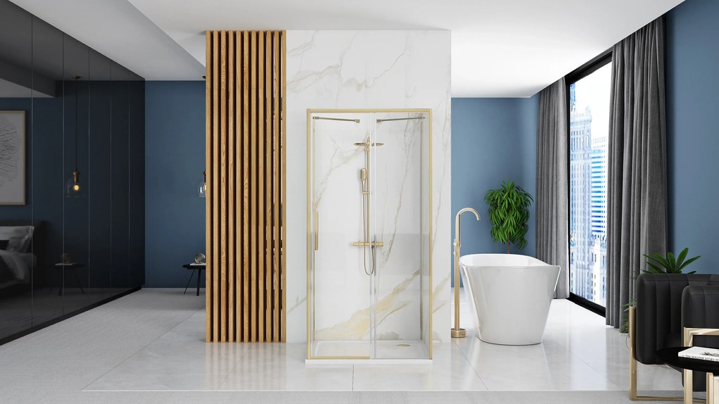 Cabina de dus patrata cu usa culisanta si 2 pereti ficsi Rea Rapid Slide 100 100 auriu periat