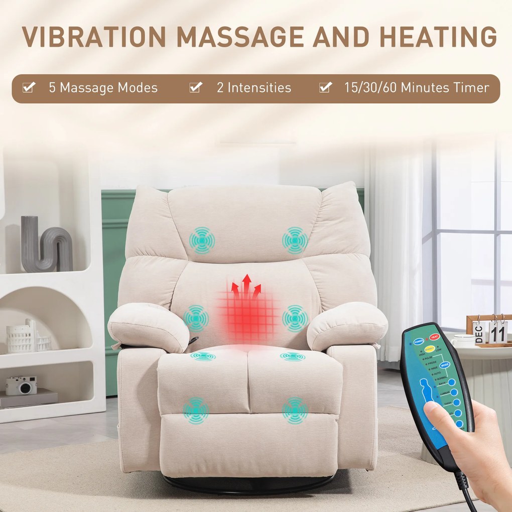 HOMCOM Fotoliu Reclinabil 145° cu Masaj și Încălzire cu 5 Programe și 8 Puncte Vibrante, Buzunare de Depozitare, Bej | Aosom Romania