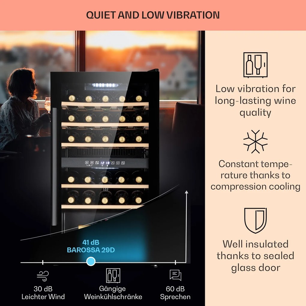Klarstein Barossa 29 Duo, frigider pentru vin, 29 sticle, 80 litri, 2 zone, buton de control