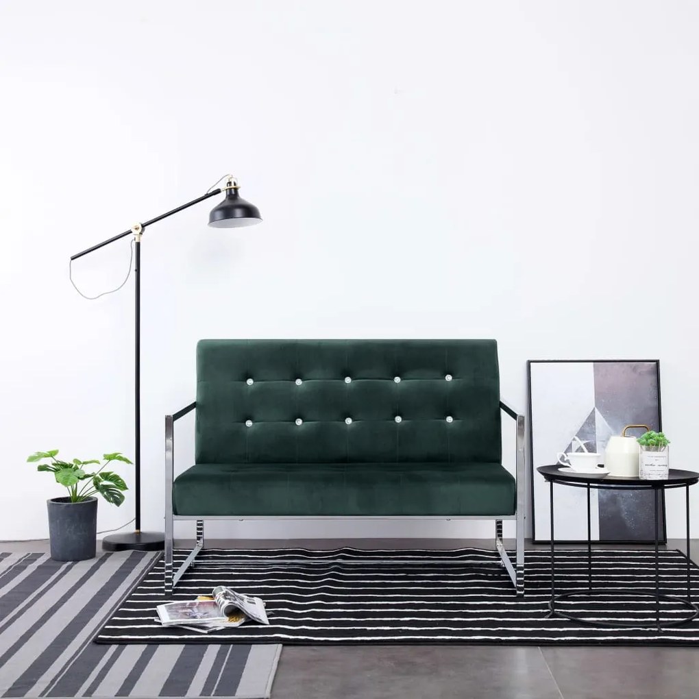 282164 vidaXL Canapea cu 2 locuri cu brațe, verde închis, crom și catifea