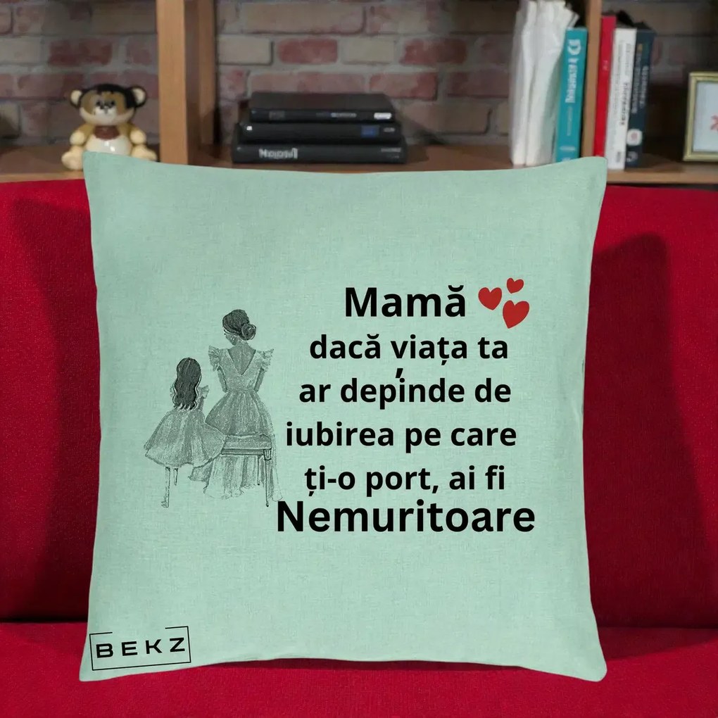 Cadou pentru Mama - Perna Personalizata Mama Nemuritoare Line Art, 40x40 cm, Verde Menta, Husa Detasabila, Perna Inclusa, BEKZ®