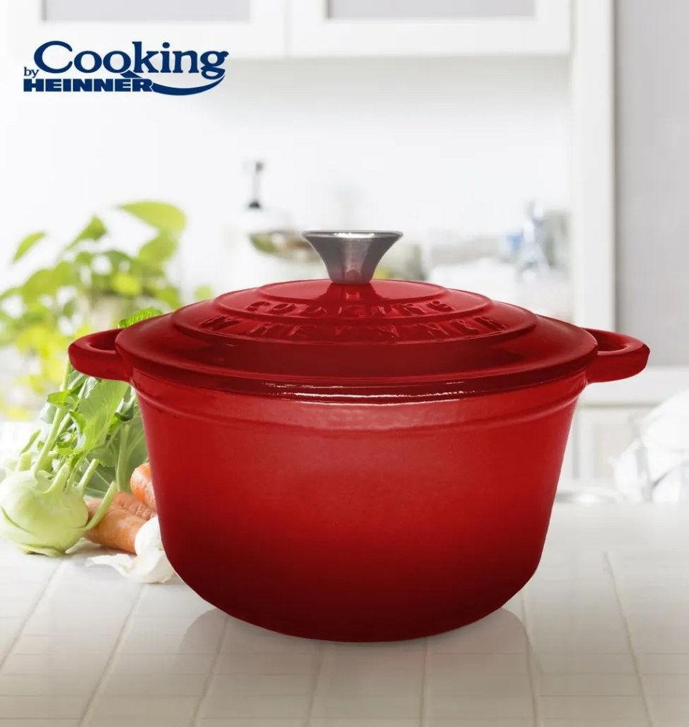 Oală din fontă emailată cu capac 28x13 cm, 6L – Cooking by Heinner, Colecția Red Line HR-KN-SM6, cu design elegant, pentru gătit la cuptor