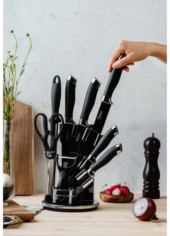 Set cutite Oliver Voltz OV51633K9S, 9 piese, Suport, Negru/Argintiu