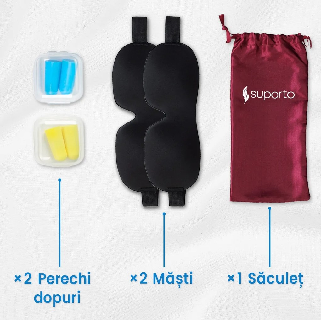 Set 2x Masti de dormit Suporto, design 3D fara presiune pe ochi, reglabile, cu huse Bordo, blocheaza lumina in totalitate, si 2 seturi de dopuri de