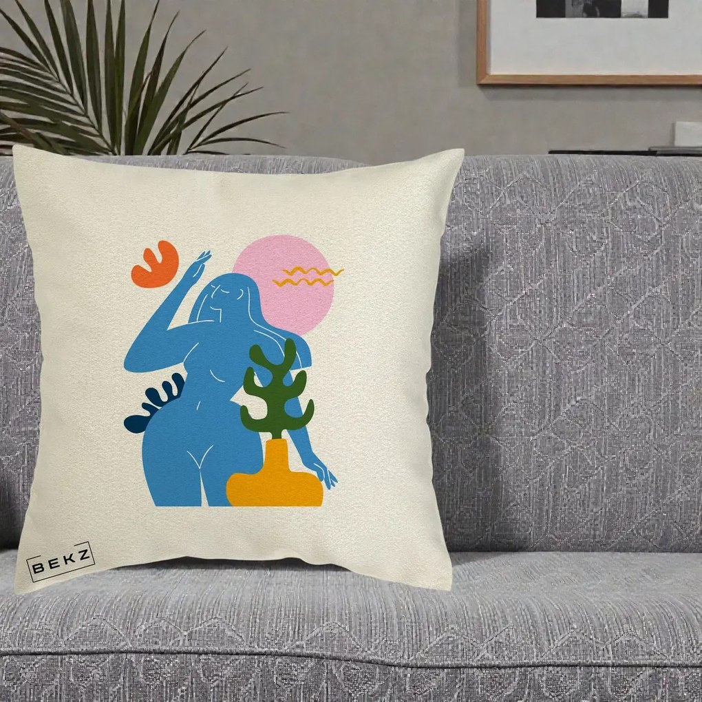Perna Decorativa Femeie Albastra Cactus, 40x40 cm, Ecru, Husa Detasabila, Perna Inclusa, BEKZ®