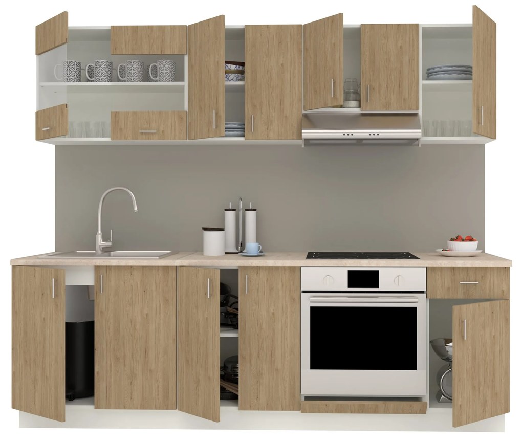 Set Bucatarie Karo V15, Lemn Natural/Alb, Blat Thermo 28 mm, L 240 cm