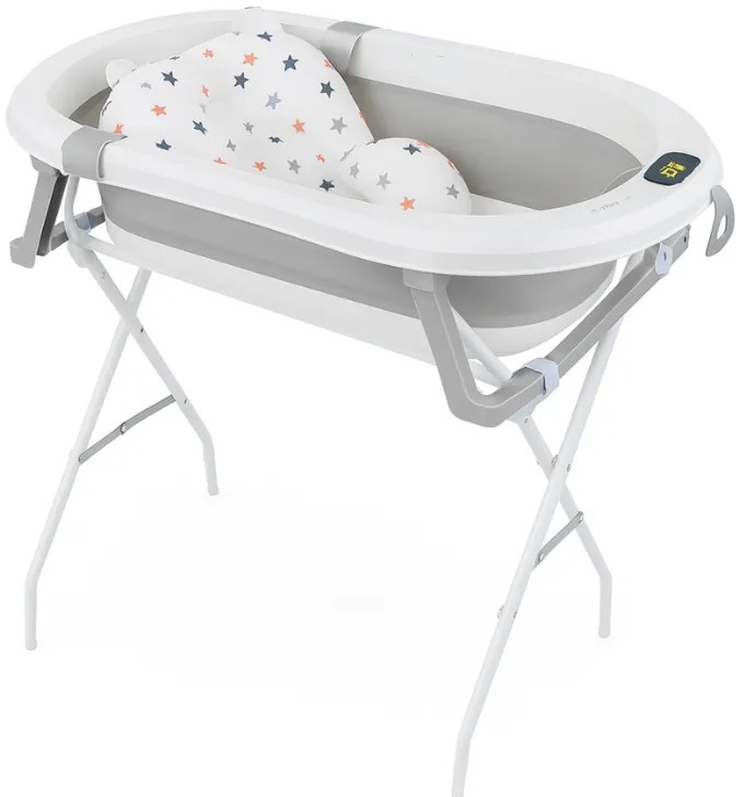 Cadita pliabila cu termometru electronic, hamac ajustabil,dop  si stand pliabil Kidizi Folda grey, certificat EN71, include furtun scurgere si baza antialunecare, 0-24 luni