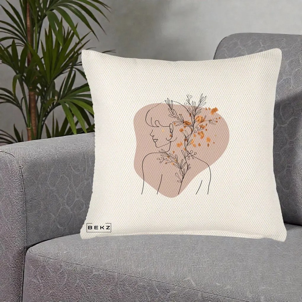 Perna Decorativa Femeie cu Flori Line Art Boho, 40x40 cm, Crem Reliefat, Husa Detasabila, Perna Inclusa, BEKZ®