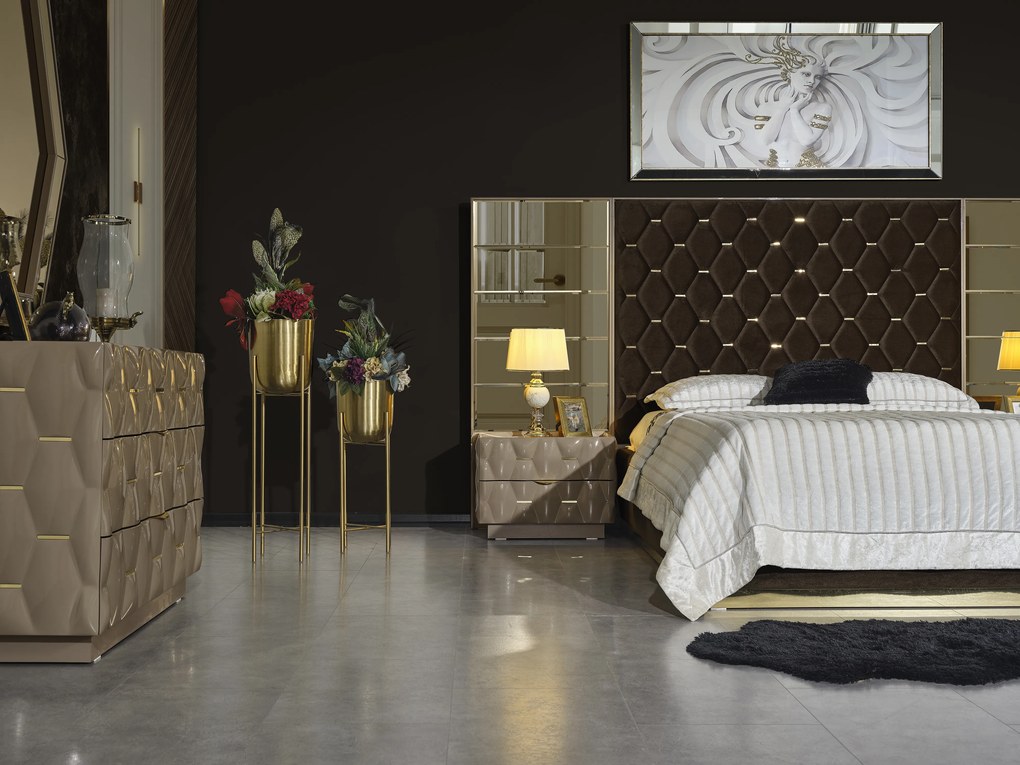 Set dormitor complet mdf 30 mm si metal - royal lav - crem/antracit cu auriu