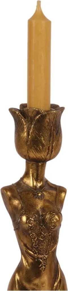 Sfeșnic din polirășină, auriu, siluetă feminină în rochie brodată, cu cupă în formă de lalea, finisaj antichizat, 39,5 x 11 cm, „Nymphe”