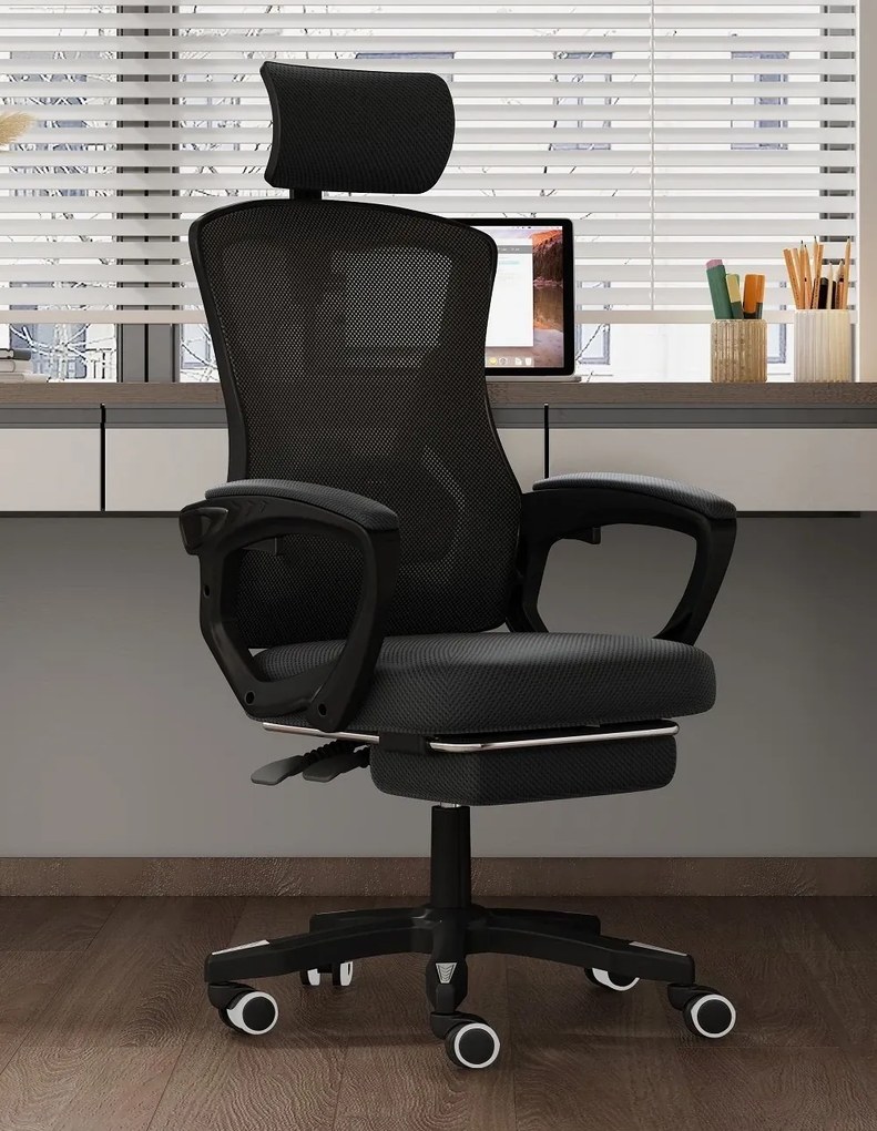 RESIGILAT- Scaun ergonomic cu suport lombar, pivotant 360°, tetieră reglabilă, suport pentru picioare, Mesh, Negru