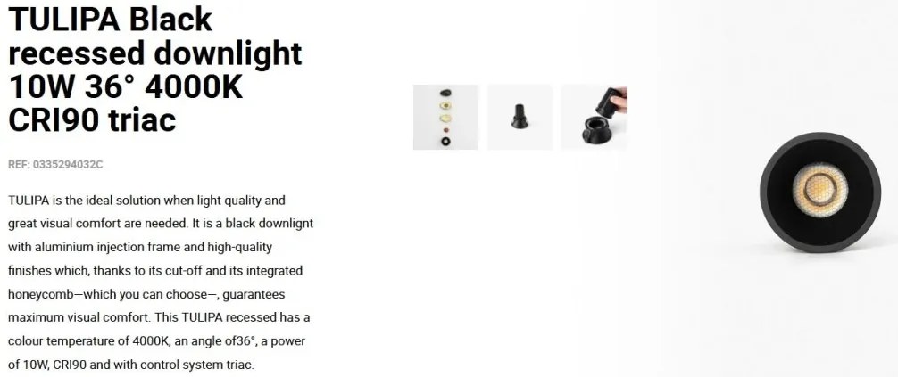 Spot LED incastrabil TULIPA Black recessed downlight 10W 36° 4000K CRI90 triac