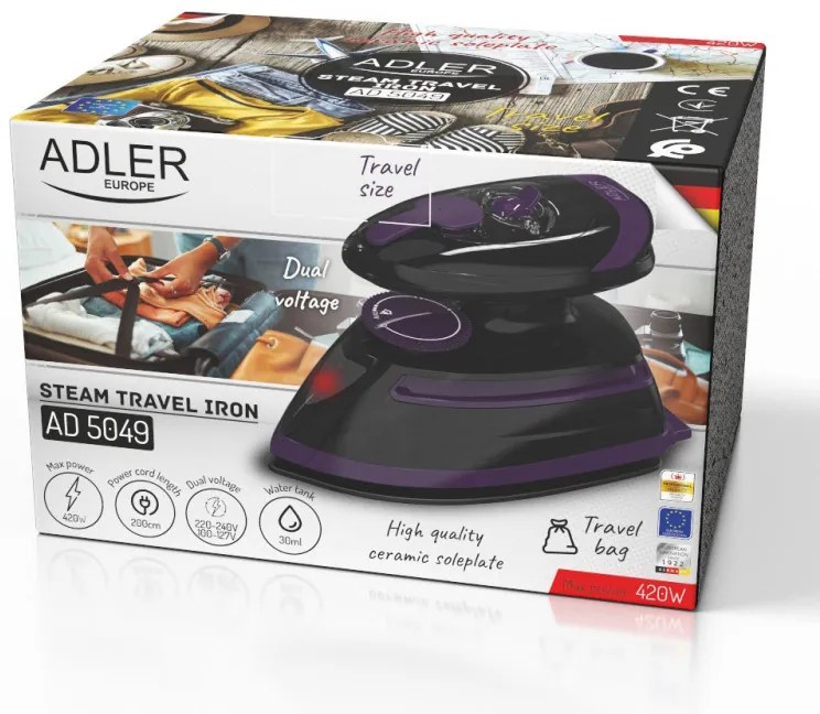 Fier de ca lcat cu abur de calatorie Adler AD 5049, 420 W, 30 ml, Placa ceramica, Abur/uscat, Negru/Violet