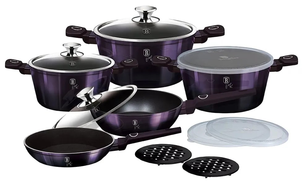 Set oale si tigai cu capace 13 piese Purple Eclipse Berlinger Haus BH 7143, strat antiaderent titan, mov, inductie