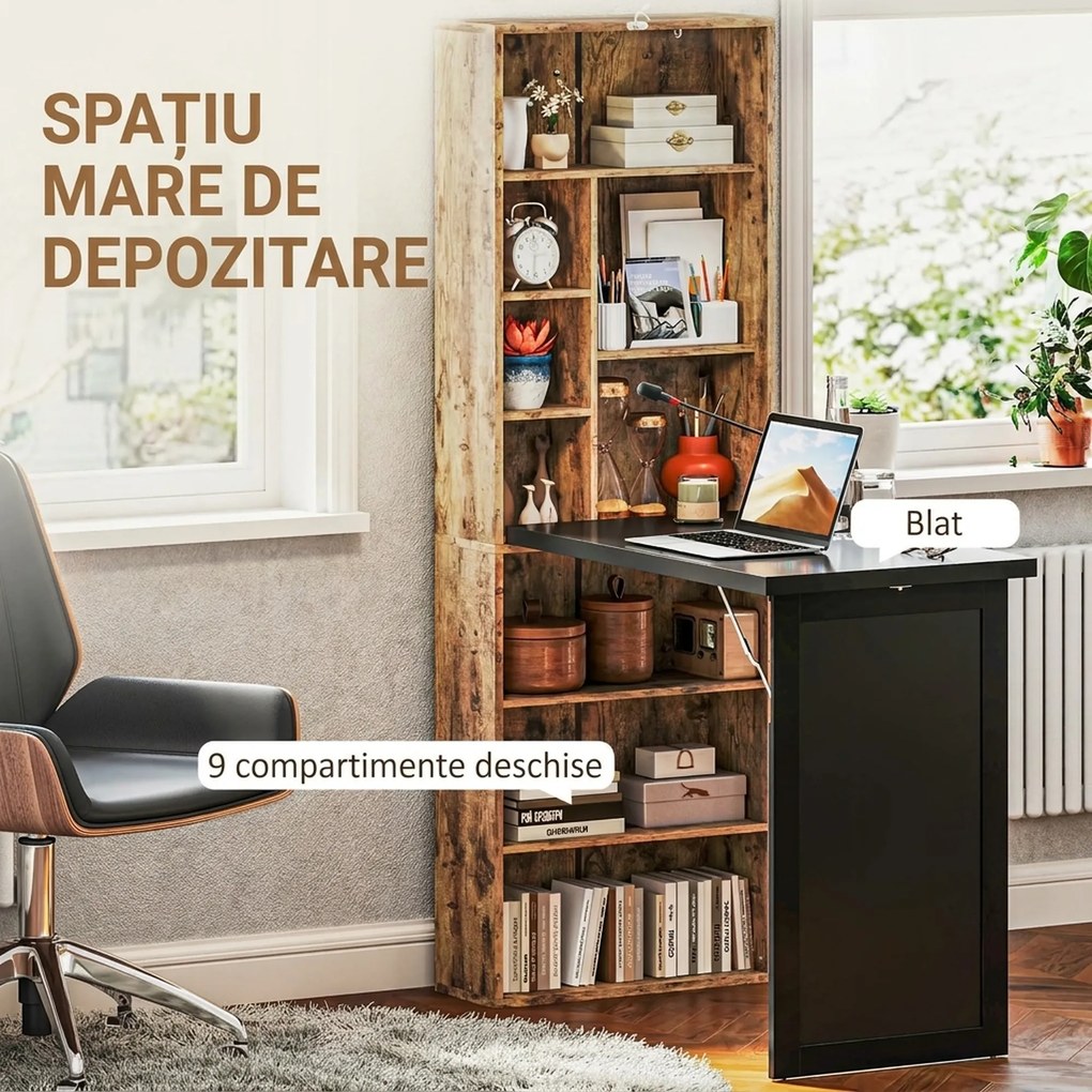 HOMCOM Birou Modern Pliabil cu Bibliotecă și Tablă, din Lemn și Metal, 98x51x153 cm, Maro Rustic | Aosom Romania