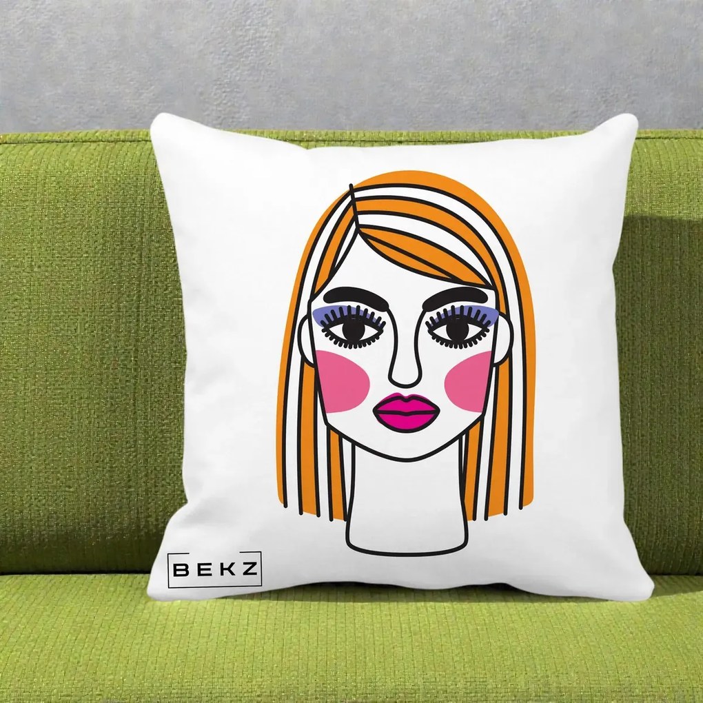 Perna Decorativa Portret Pop Art Fata, 40x40 cm, Alba Mata, Husa Detasabila, Perna Inclusa, BEKZ®