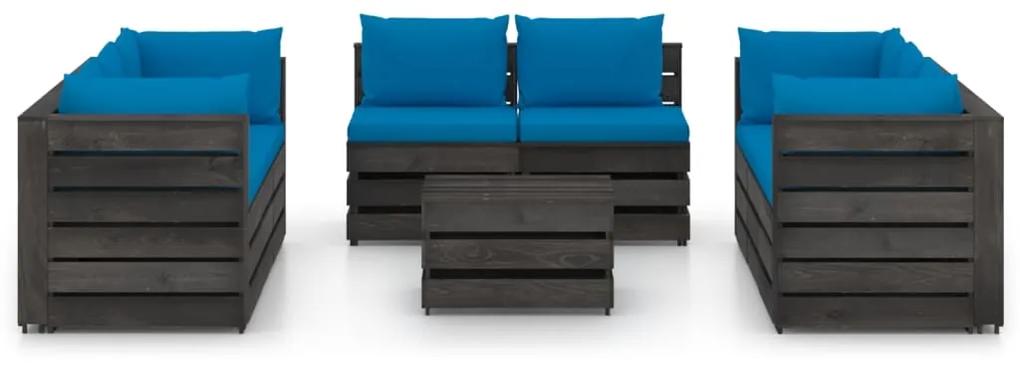 Set mobilier gradina cu perne, 9 piese, gri, lemn tratat Albastru deschis si gri, 9