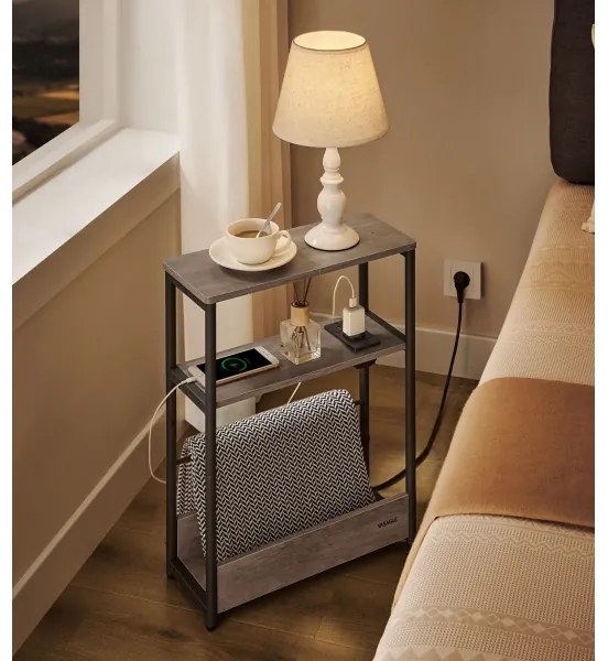 Masă laterală ROD, maro/negru, cu priză încorporată și porturi USB