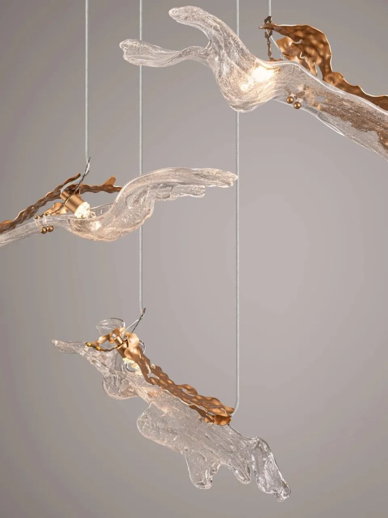 Lustra liniara cu pendule LED otel auriu si sticla transparenta AVESA