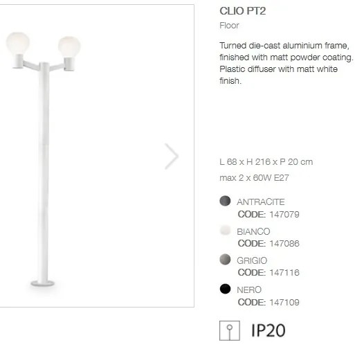 Stalp modern de exterior cu protectie IP44 CLIO PT2 alb 147086