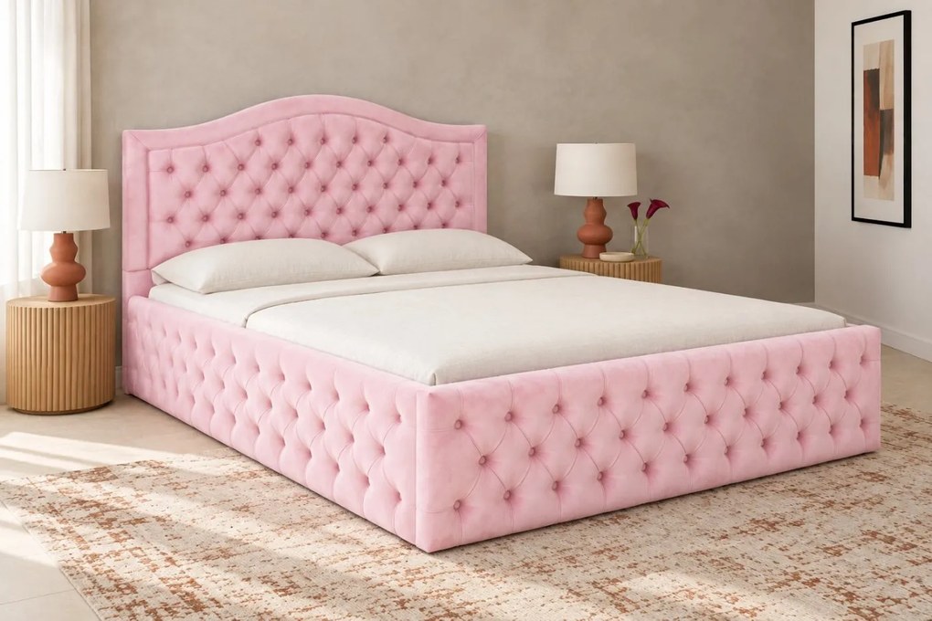 Pat tapițat Chesterfield din catifea Solaria Deluxe 160×200 cm, roz, cu ladă de depozitare