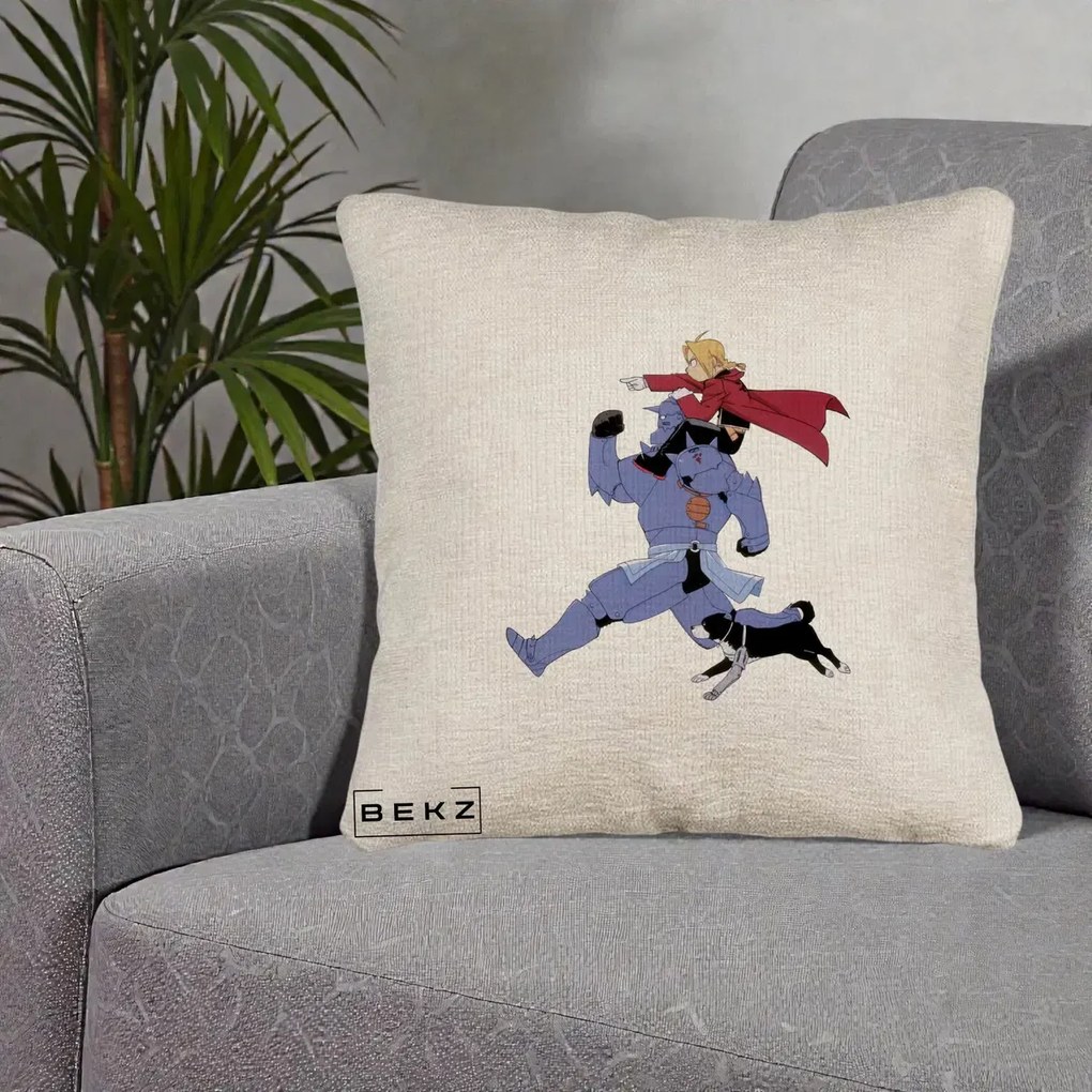 Perna Personalizata Fullmetal Alchemist Edward si Alphonse, 40x40 cm, Bej Canapea, Husa Detasabila, Perna Inclusa, BEKZ®