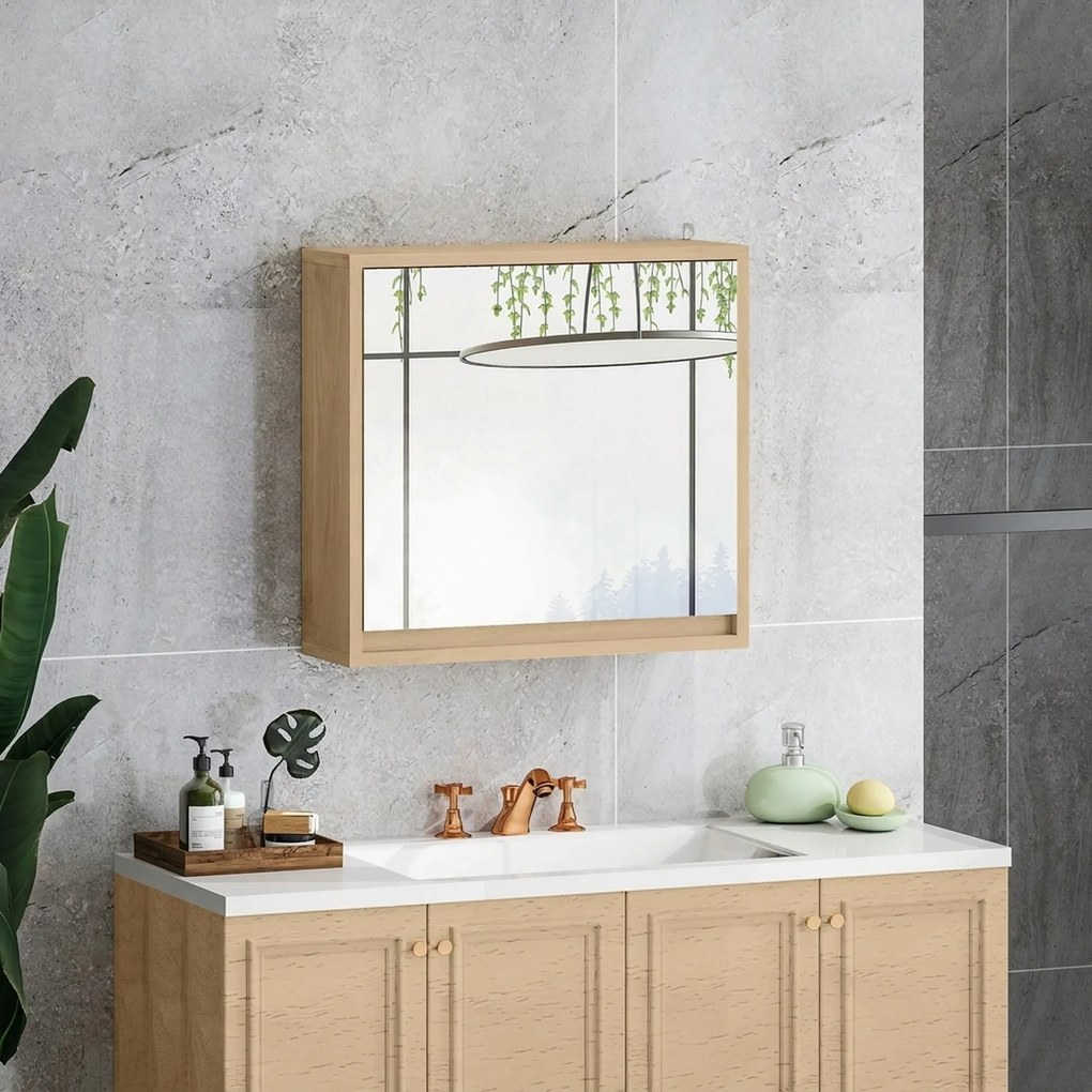 HOMCOM Dulap de Baie cu Oglindă, 2 Uși și Raft Reglabil, 48 x 14,5 x 45 cm, Culoarea Lemnului | Aosom Romania