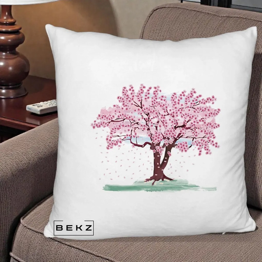 Perna Decorativa Cires Inflorit Acuarela, 40x40 cm, Alb Pufos, Husa Detasabila, Perna Inclusa, BEKZ®