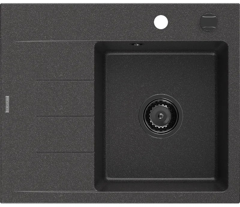 Mexen Ben chiuvetă din granit cu 1 cuvă cu scurgător, dreapta 600 x 500 mm, neagră pistruiată, sifon negru