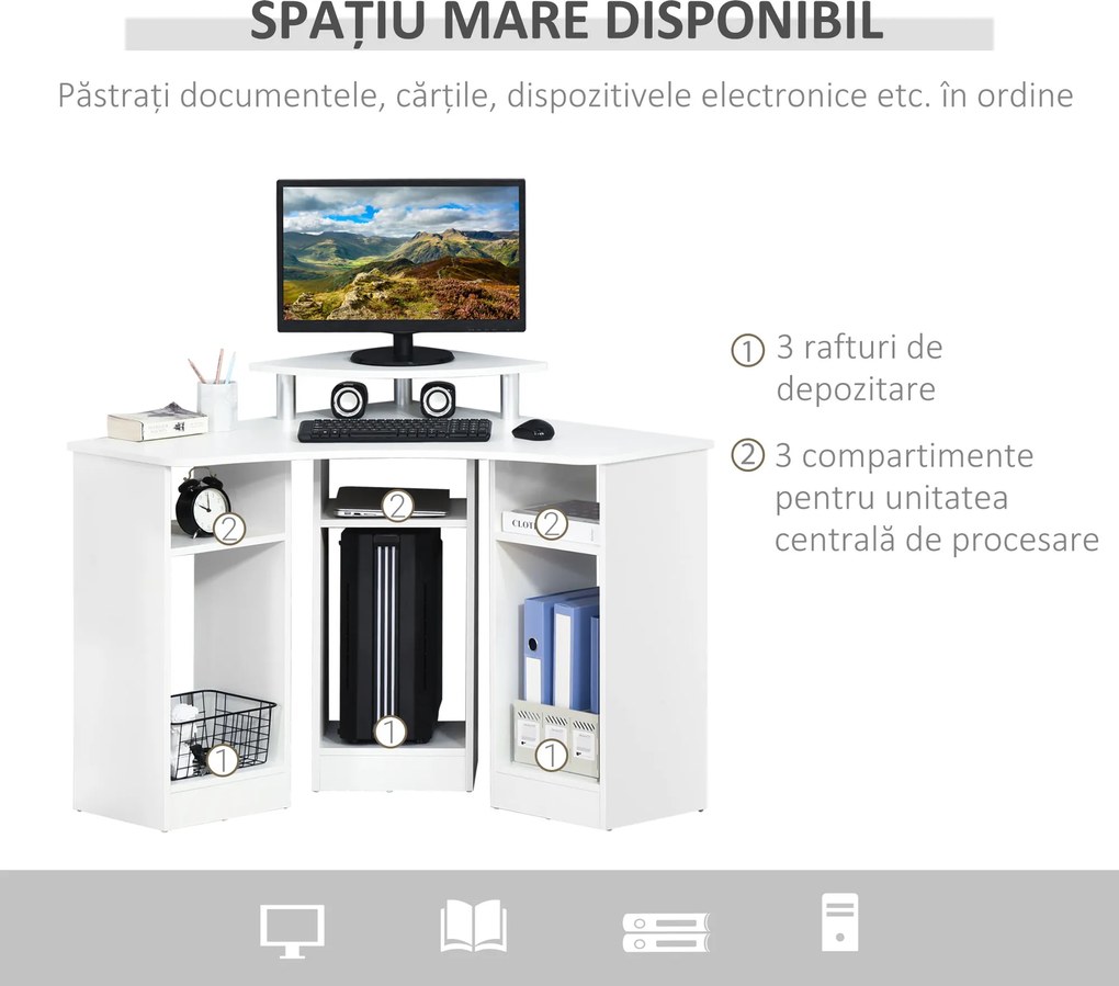 HOMCOM Birou Unghiular cu 3 Secțiuni, Spațiu de Lucru pentru Acasă sau Birou, Raft pentru Monitor, Lemn, Alb, Design Modern | Aosom Romania