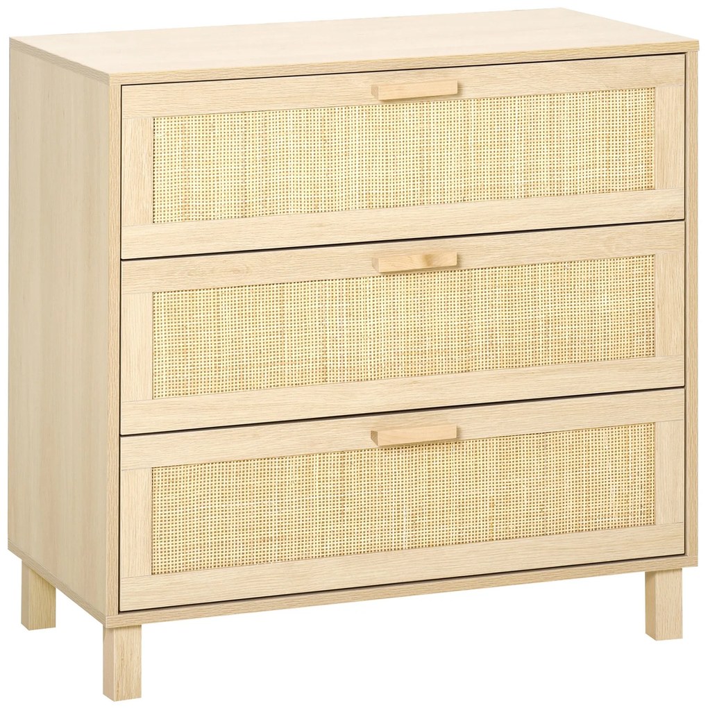 HOMCOM Casetiera cu 3 din lemn si ratan pentru camera de zi si dormitor, 80x40x80cm Culoare Lemn Natural | AOSOM.ro