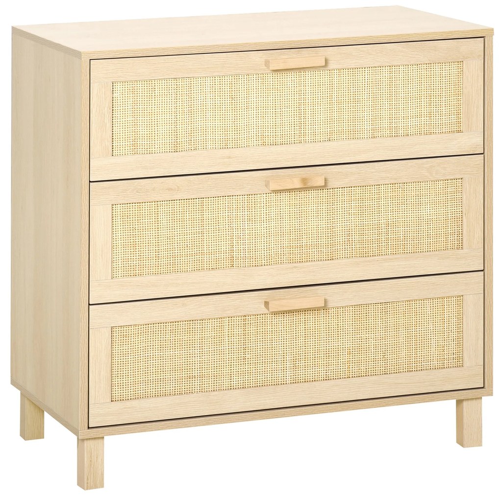 HOMCOM Casetiera cu 3 din lemn si ratan pentru camera de zi si dormitor, 80x40x80cm Culoare Lemn Natural | AOSOM.ro