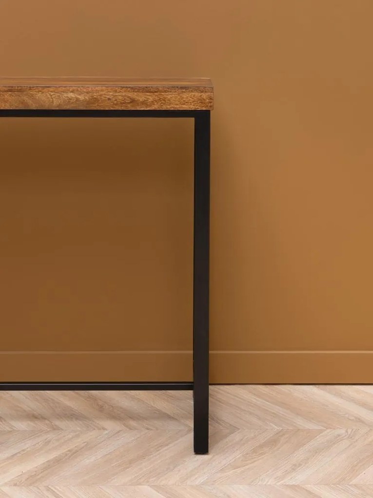 Consolă din lemn de mango, cu blat maro antichizat și picioare din metal negru, finisaj satinat, 180.5×40×98.5 cm, „Kirt"